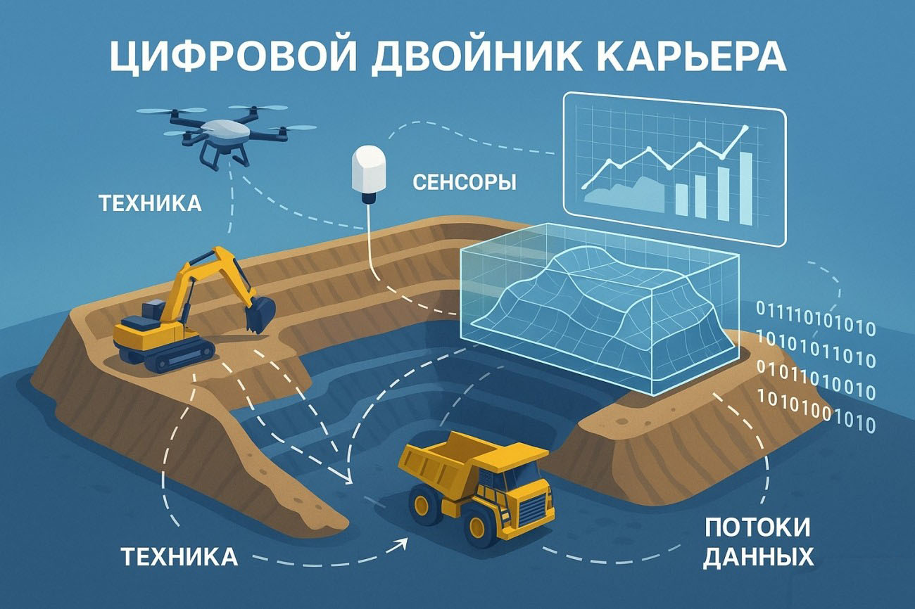 Иллюстрация цифрового двойника предприятия: техника, сенсоры и потоки данных